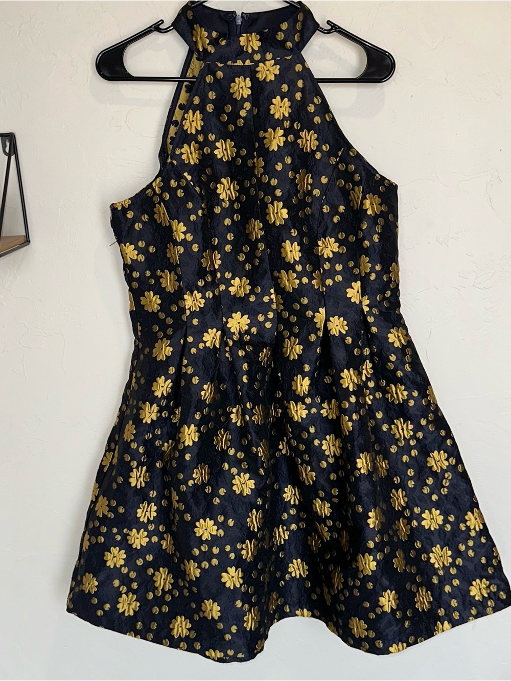 Mystic Black Midi Dress with Gold Floral Jacquard Halter